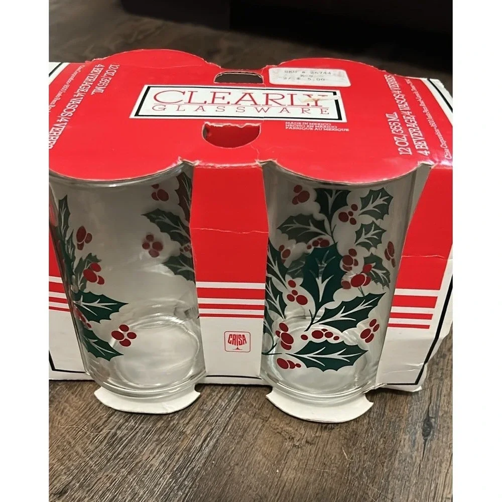 Vintage Set Of‎ 4 Crisa (Holly Berry) 12 oz Christmas Drinking Glasses
